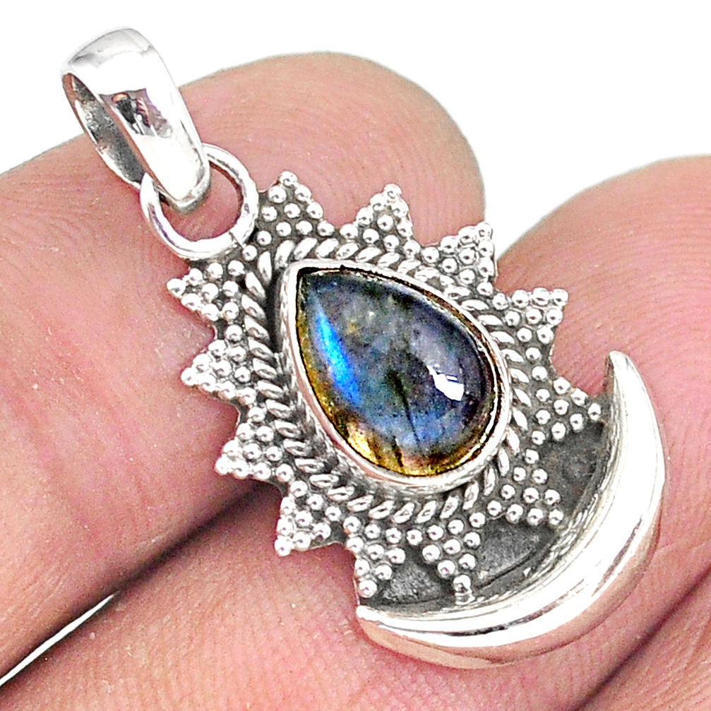 2.74cts natural blue labradorite 925 sterling silver moon pendant jewelry r89479