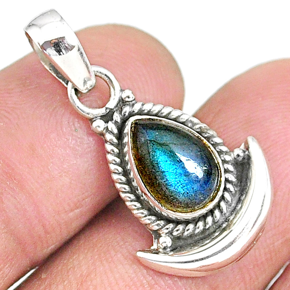 2.65cts natural blue labradorite 925 sterling silver moon pendant jewelry r89520