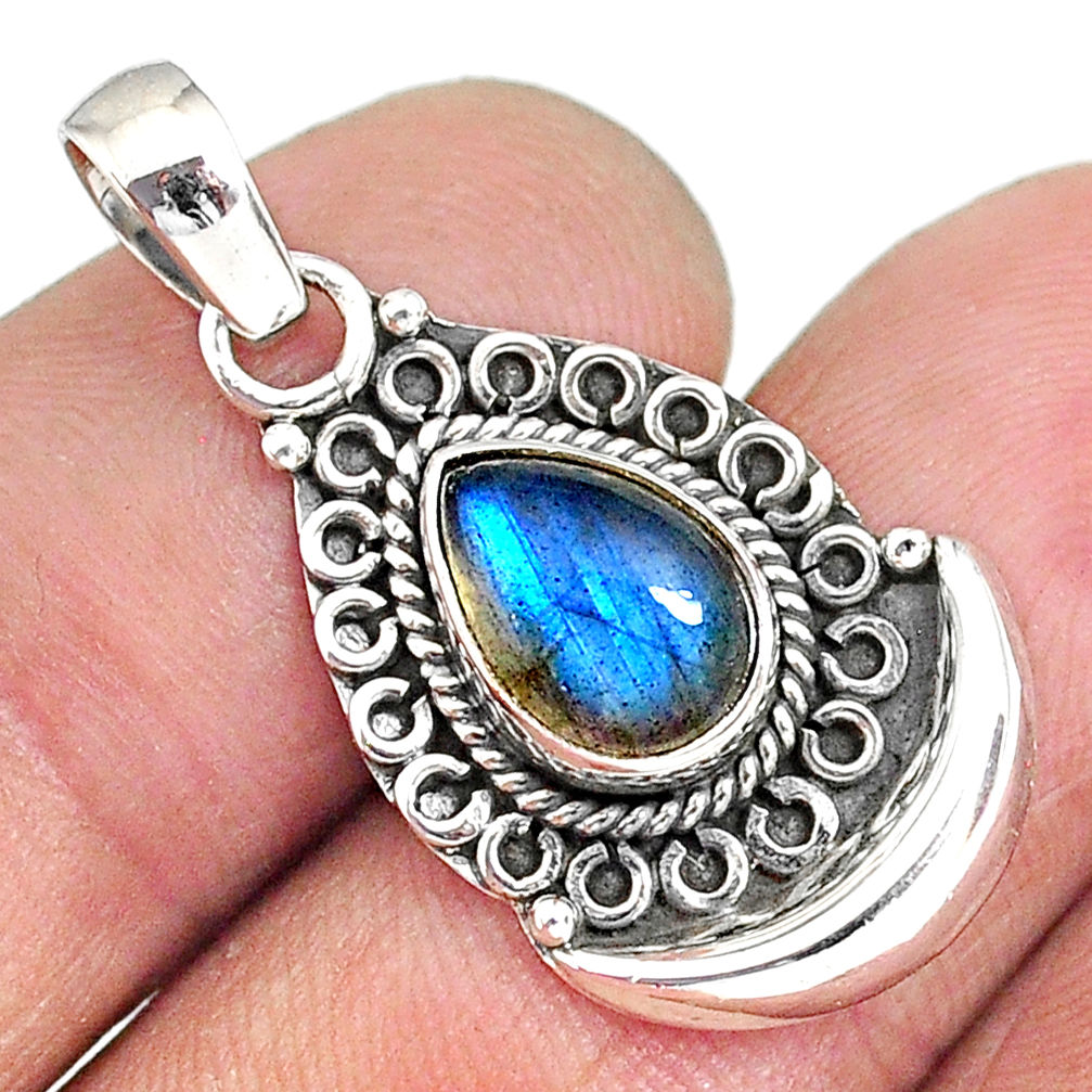 2.44cts natural blue labradorite 925 sterling silver moon pendant r89418