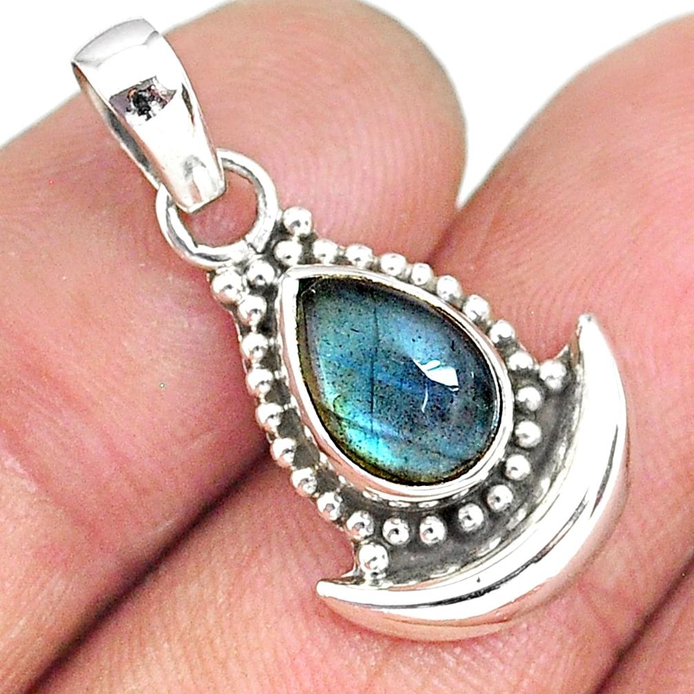 3.01cts natural blue labradorite 925 sterling silver moon pendant r89438