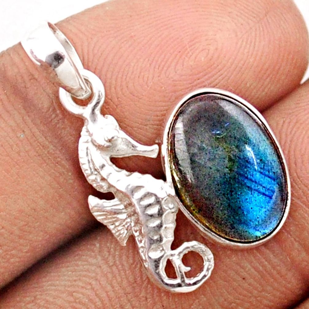 4.62cts natural blue labradorite 925 sterling silver seahorse pendant t82737