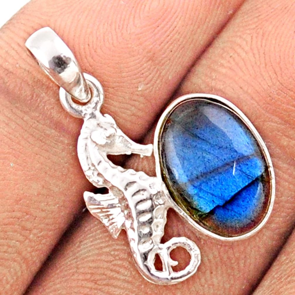 4.42cts natural blue labradorite 925 sterling silver seahorse pendant t82740