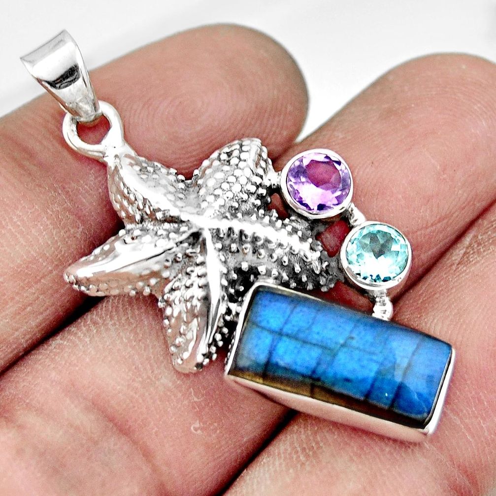 6.08cts natural blue labradorite amethyst 925 silver star fish pendant r20521