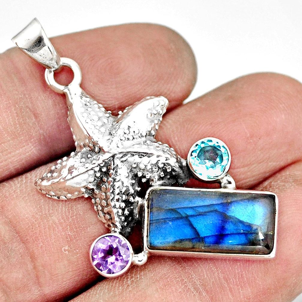 6.08cts natural blue labradorite amethyst 925 silver star fish pendant r20535