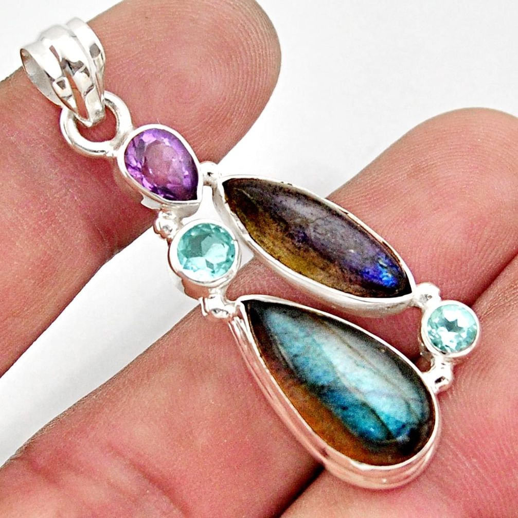 18.94cts natural blue labradorite amethyst 925 sterling silver pendant d47419