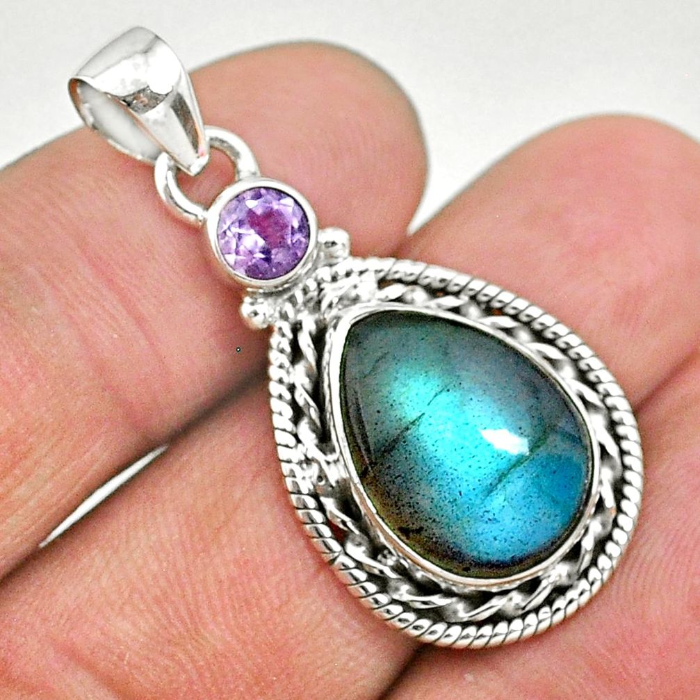 10.02cts natural blue labradorite amethyst 925 sterling silver pendant t11061