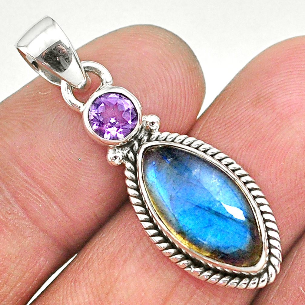 7.66cts natural blue labradorite amethyst 925 sterling silver pendant t11078