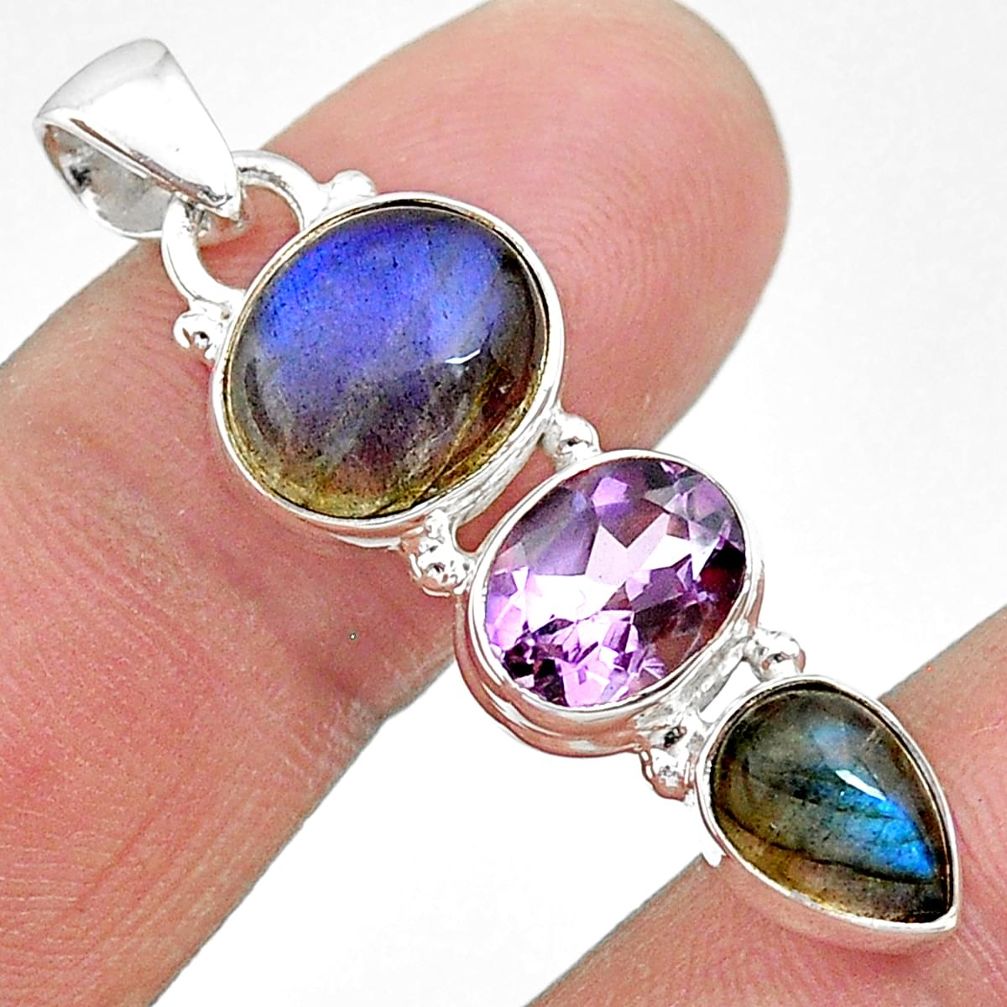 10.76cts natural blue labradorite amethyst 925 sterling silver pendant t18705