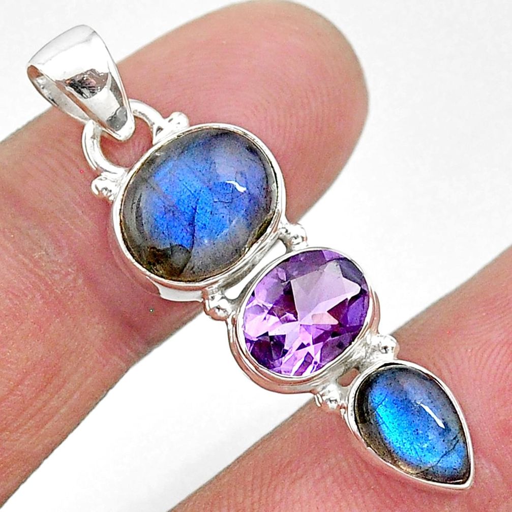 11.09cts natural blue labradorite amethyst 925 sterling silver pendant t18720