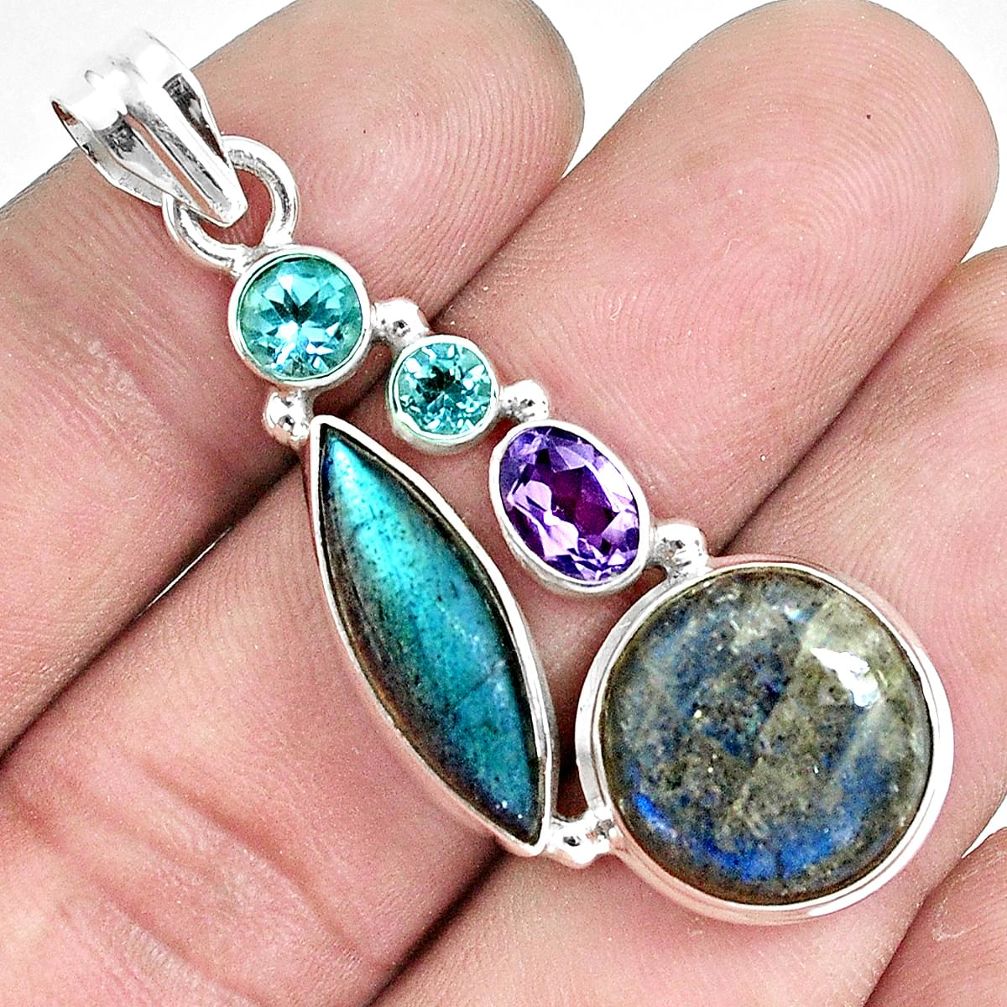 17.25cts natural blue labradorite amethyst topaz 925 silver pendant p33767