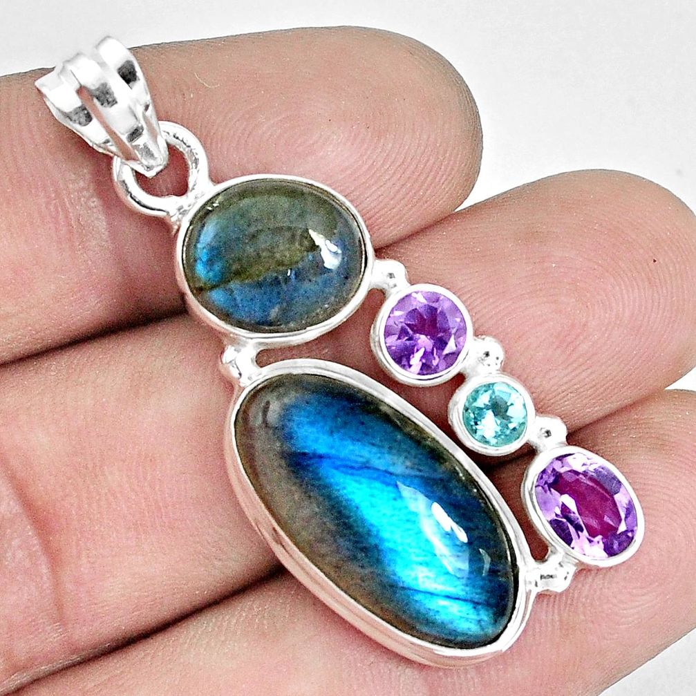 16.42cts natural blue labradorite amethyst topaz 925 silver pendant p33770