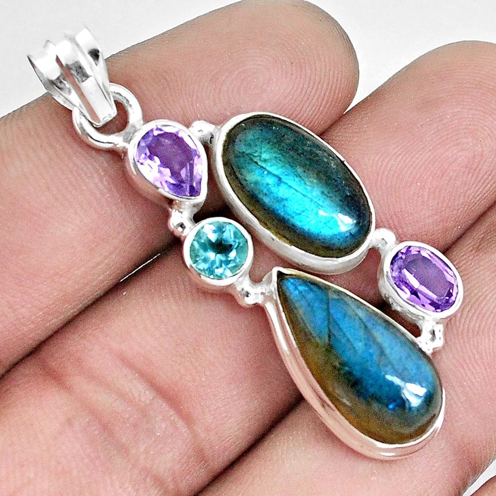 16.93cts natural blue labradorite amethyst topaz 925 silver pendant p33793