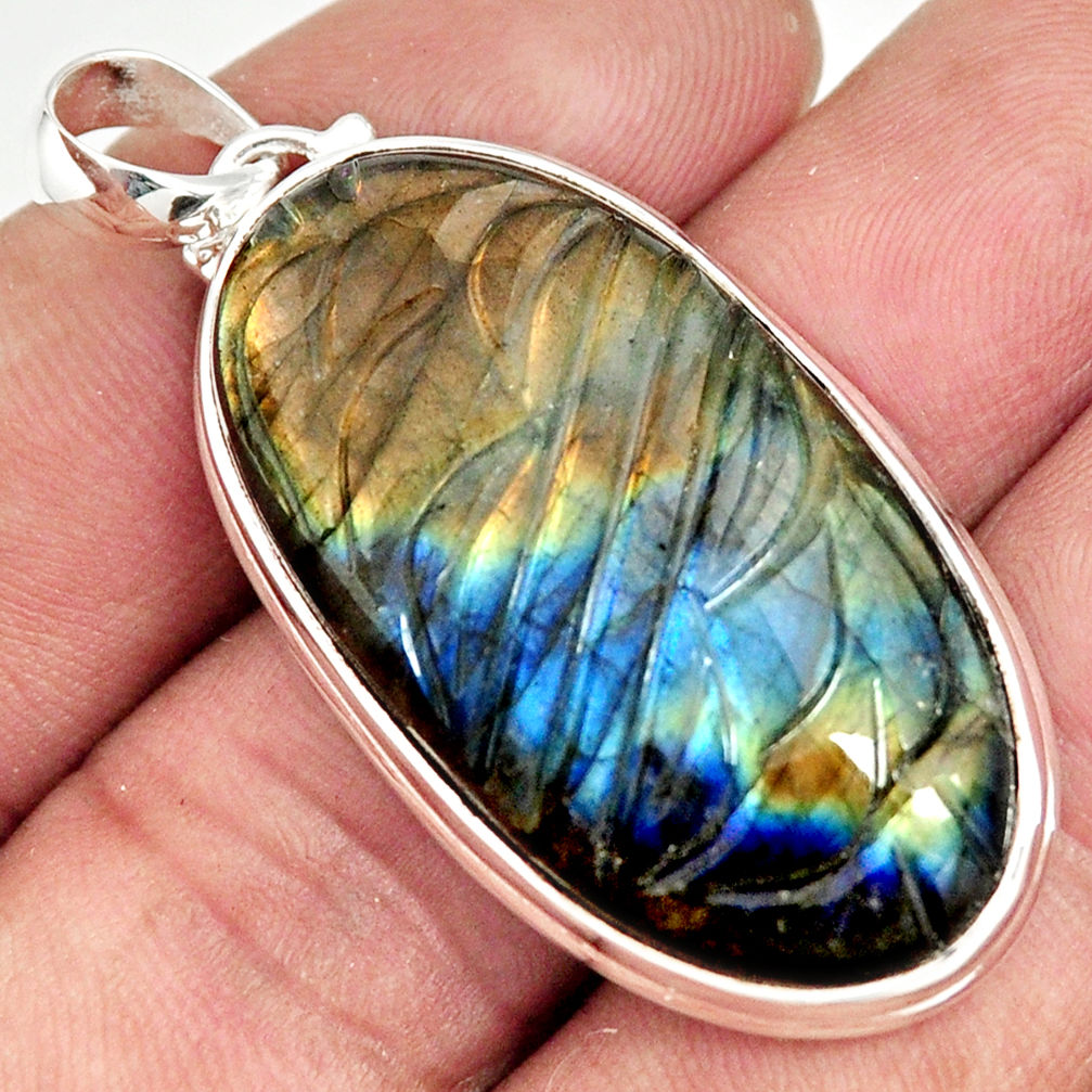 34.94cts natural blue labradorite carving 925 sterling silver pendant r26436