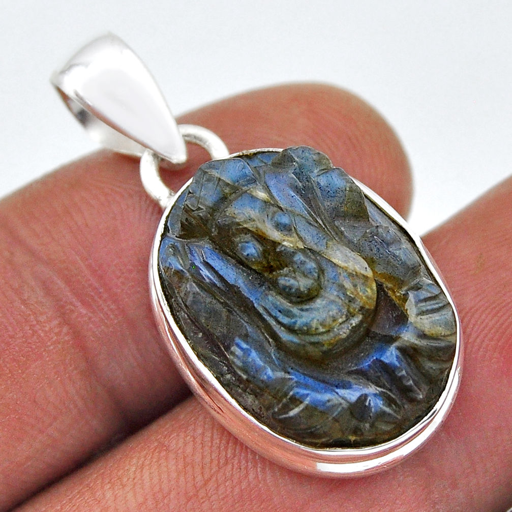 13.51cts natural blue labradorite carving lord ganesha 925 silver pendant n45290