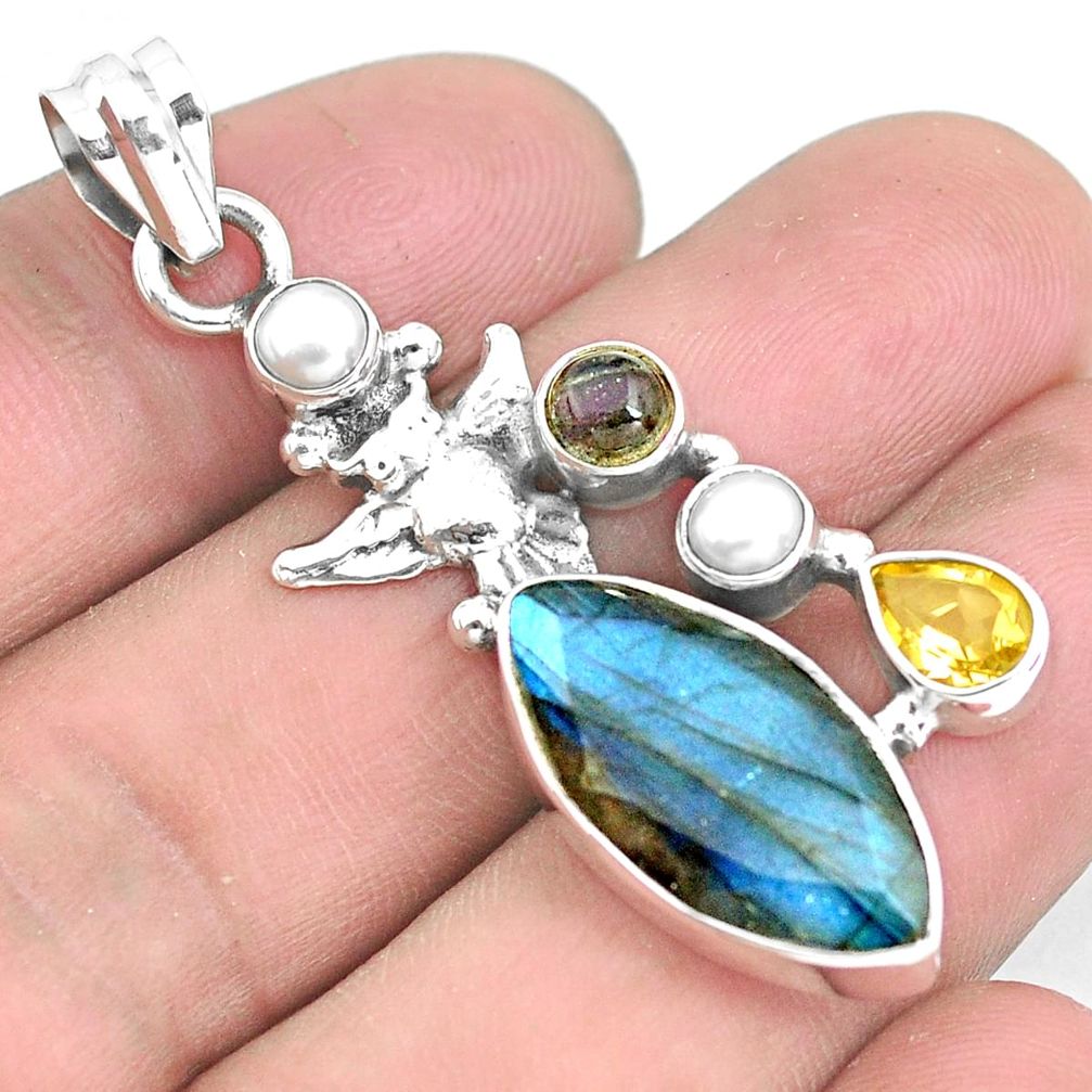 15.16cts natural blue labradorite citrine 925 sterling silver owl pendant p38947