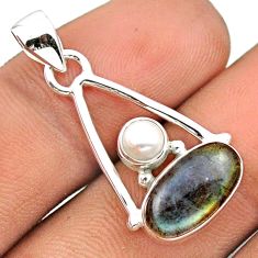 5.13cts natural blue labradorite oval pearl 925 sterling silver geometric pendant u14077