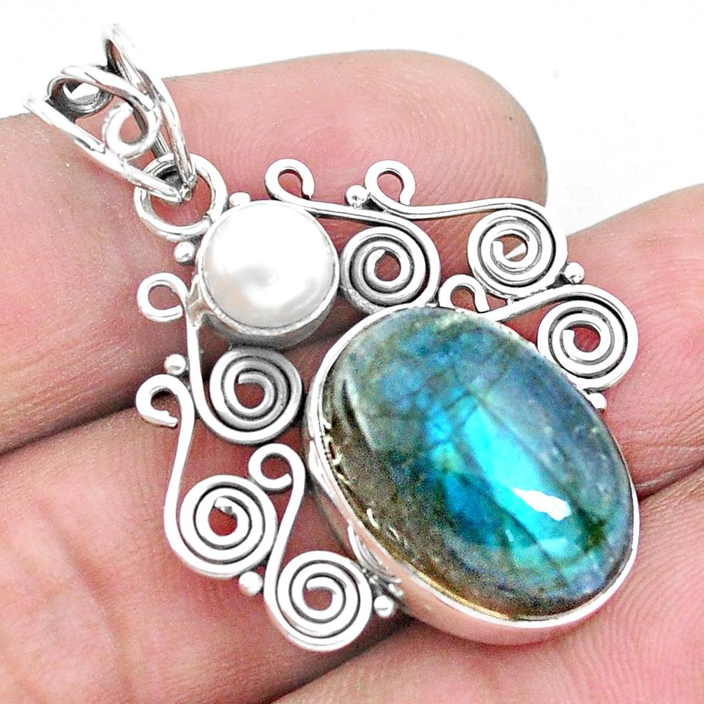 14.08cts natural blue labradorite pearl 925 sterling silver pendant p25328