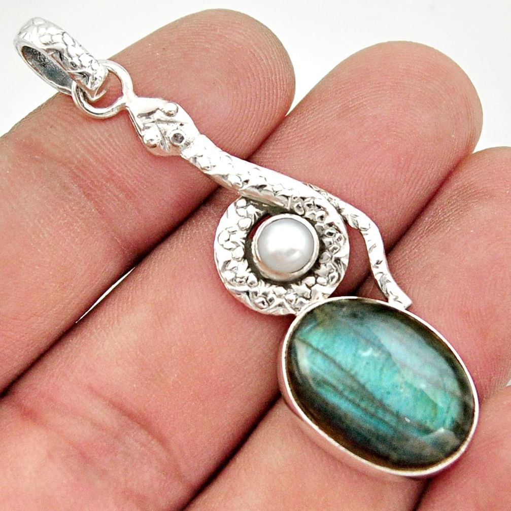 13.79cts natural blue labradorite pearl 925 sterling silver snake pendant d47290