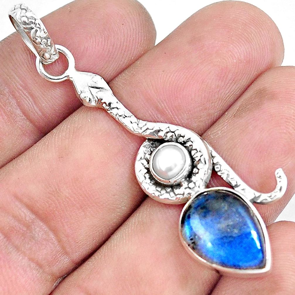 6.54cts natural blue labradorite pearl 925 sterling silver snake pendant p49240