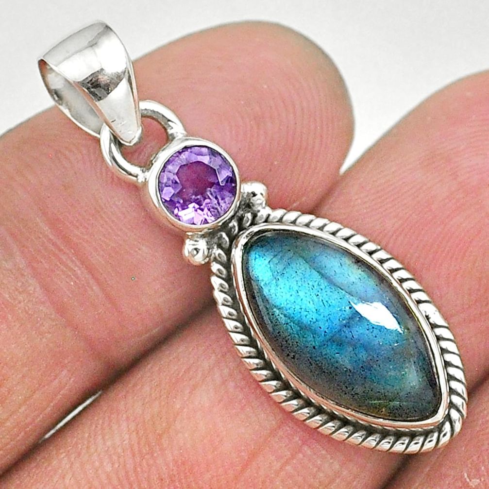 8.51cts natural blue labradorite purple amethyst 925 silver pendant t11063