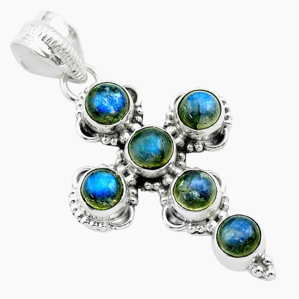 5.82cts natural blue labradorite round 925 sterling silver cross pendant t52995