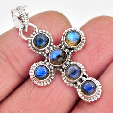 5.60cts natural blue labradorite round 925 sterling silver cross pendant y60663