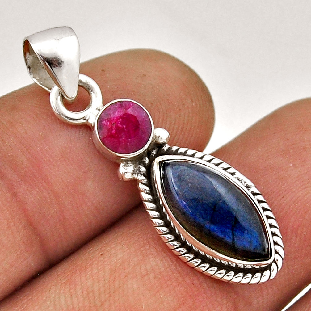 6.17cts natural blue labradorite ruby 925 sterling silver pendant jewelry n41671