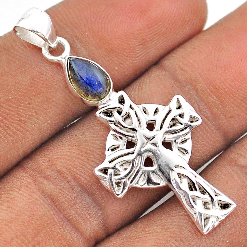 1.96cts natural blue labradorite sterling silver celtic cross pendant t88869