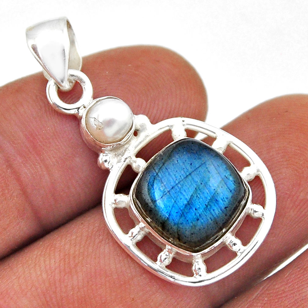 6.98cts natural blue labradorite white pearl 925 sterling silver pendant n44756