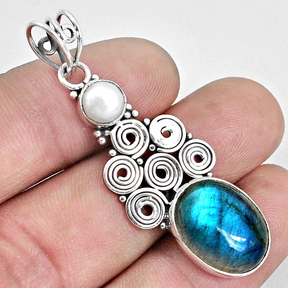 10.03cts natural blue labradorite white pearl 925 sterling silver pendant p33850