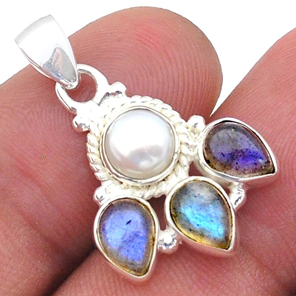 5.00cts natural blue labradorite white pearl 925 sterling silver pendant u61638