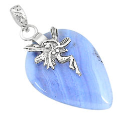 Clearance Sale- 25.15cts natural blue lace agate 925 silver angel wings fairy pendant r90968