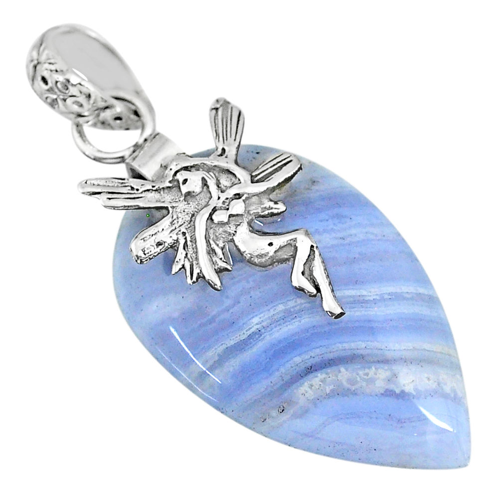 20.13cts natural blue lace agate 925 silver angel wings fairy pendant r90978