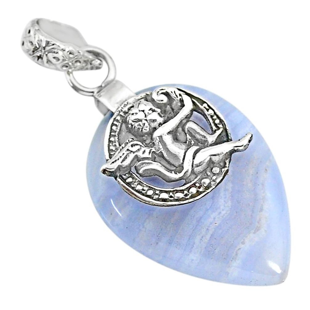 17.82cts natural blue lace agate 925 silver cupid angel wings pendant r91215