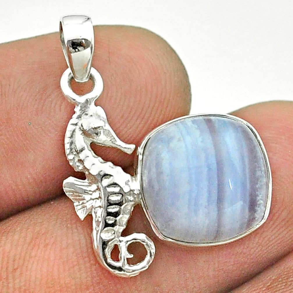 6.26cts natural blue lace agate 925 sterling silver seahorse pendant t55315