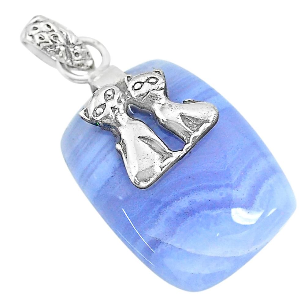 24.58cts natural blue lace agate 925 sterling silver two cats pendant r90975