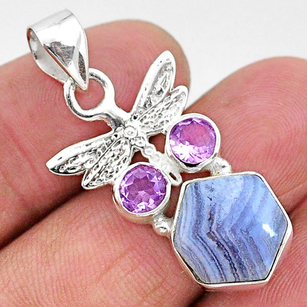 5.64cts natural blue lace agate amethyst 925 silver butterfly pendant r96905