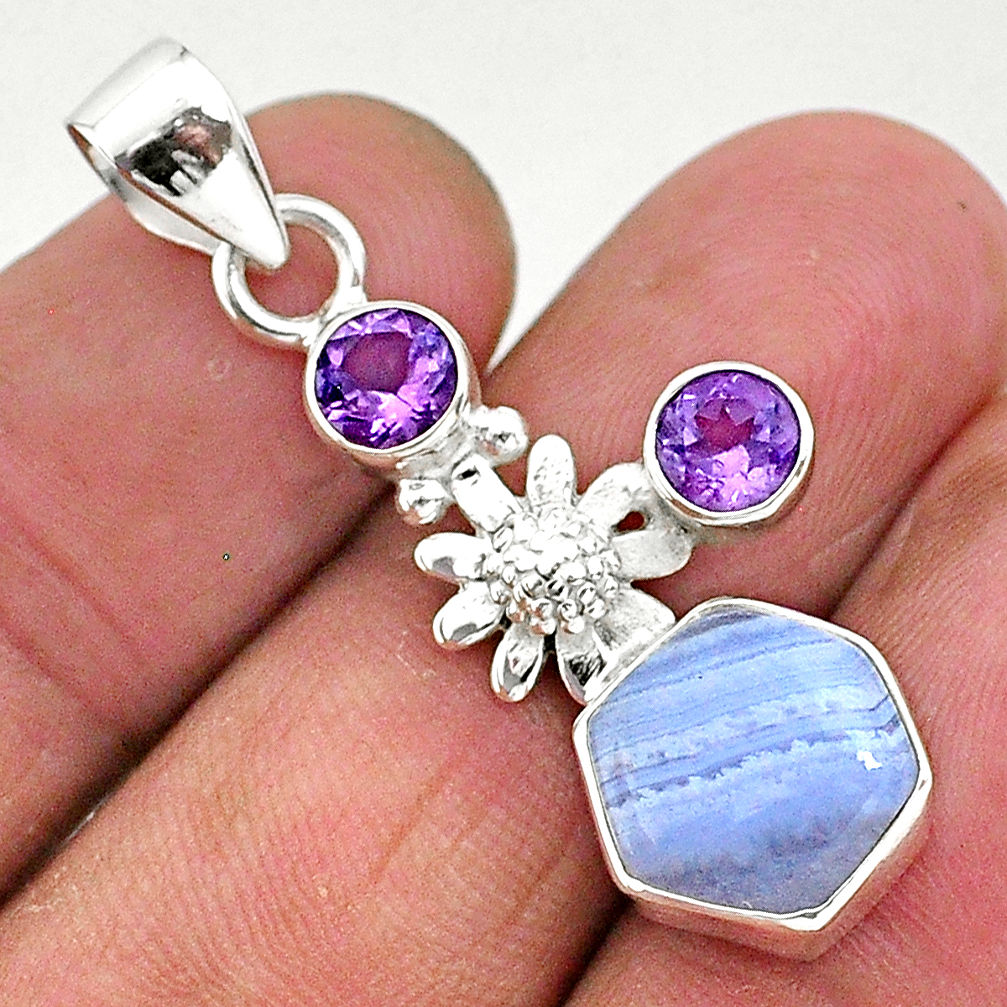 6.39cts natural blue lace agate amethyst 925 silver flower pendant r96893