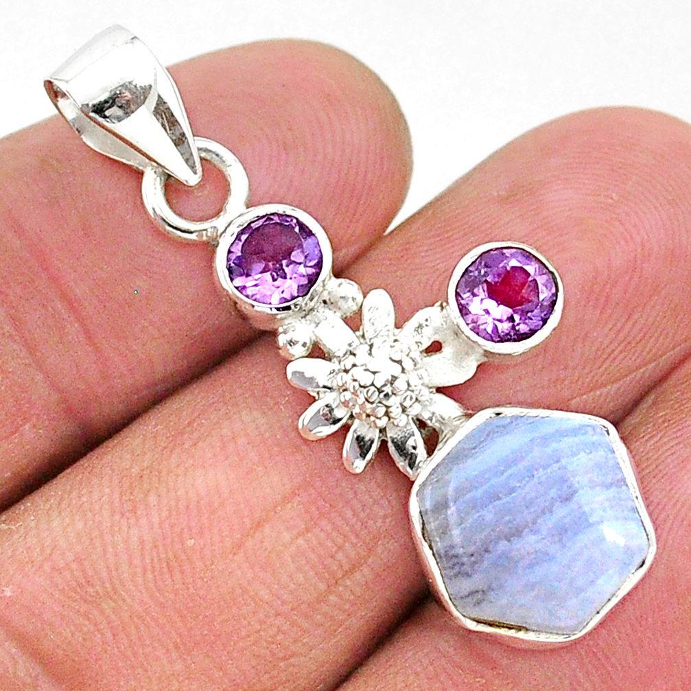 6.26cts natural blue lace agate amethyst 925 silver flower pendant r96909