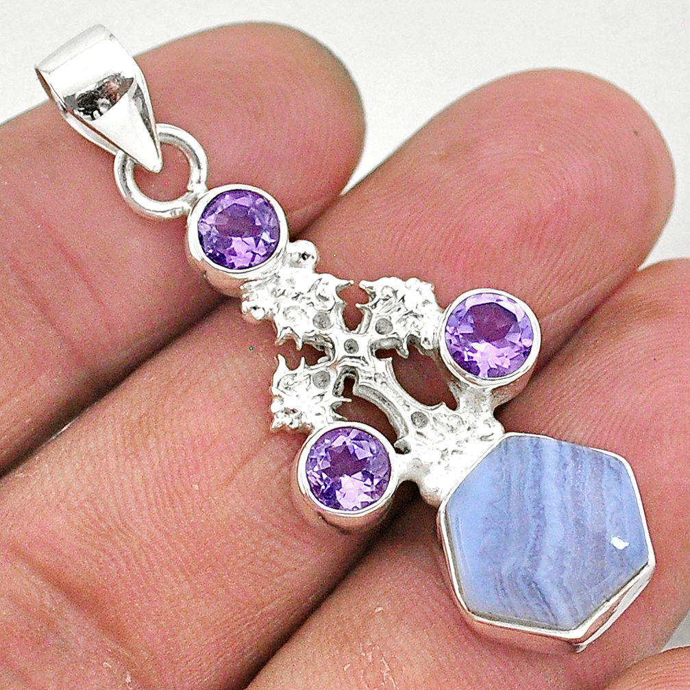 6.84cts natural blue lace agate amethyst 925 silver holy cross pendant r96898