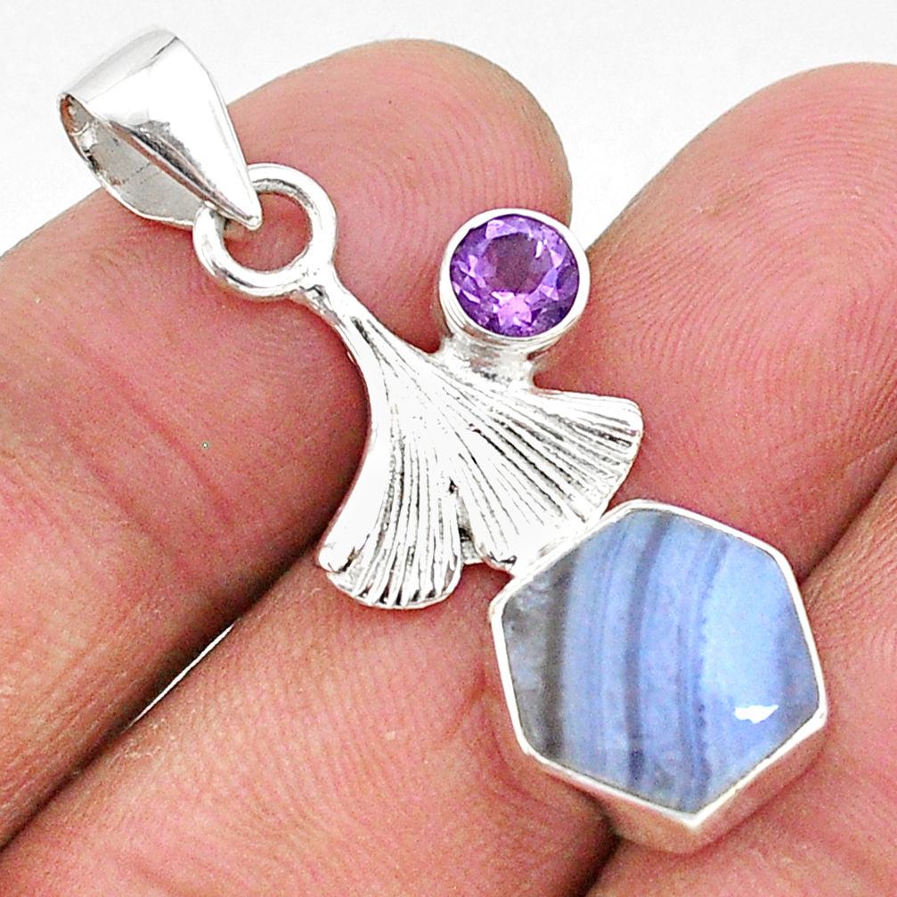 5.03cts natural blue lace agate amethyst 925 sterling silver pendant r96907