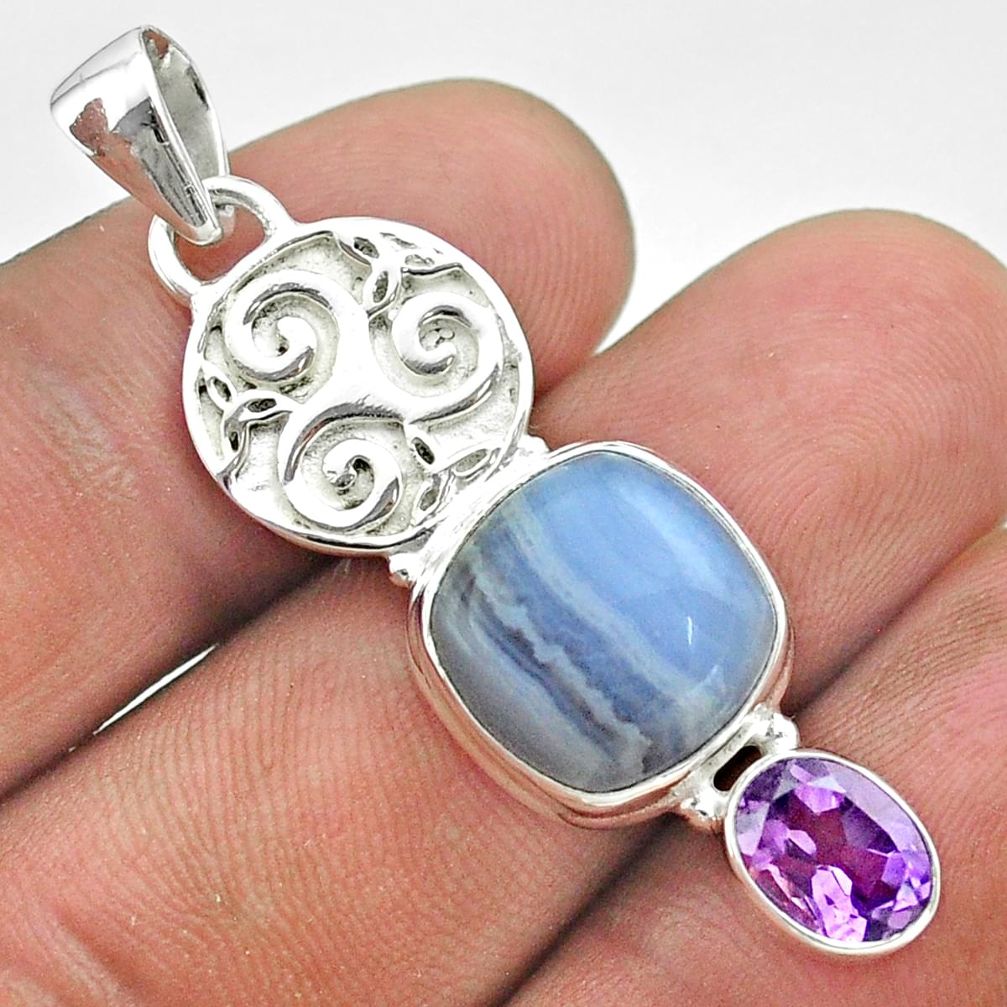 8.99cts natural blue lace agate amethyst 925 sterling silver pendant t55491