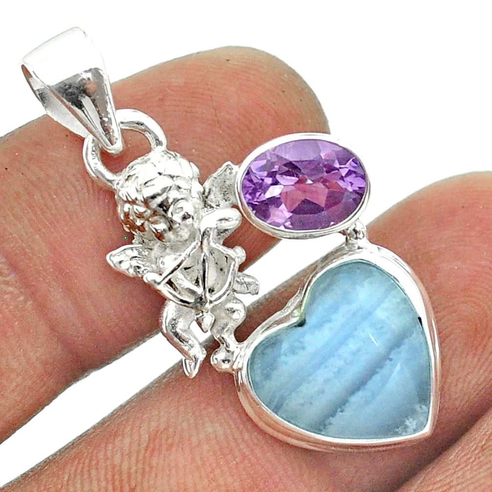 8.42cts natural blue lace agate heart amethyst 925 silver angel pendant t55455