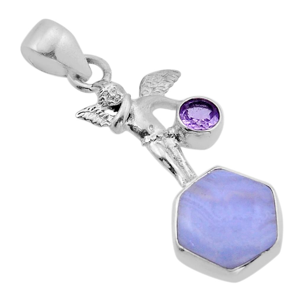 5.26cts natural blue lace agate hexagon amethyst 925 silver angel pendant n51384