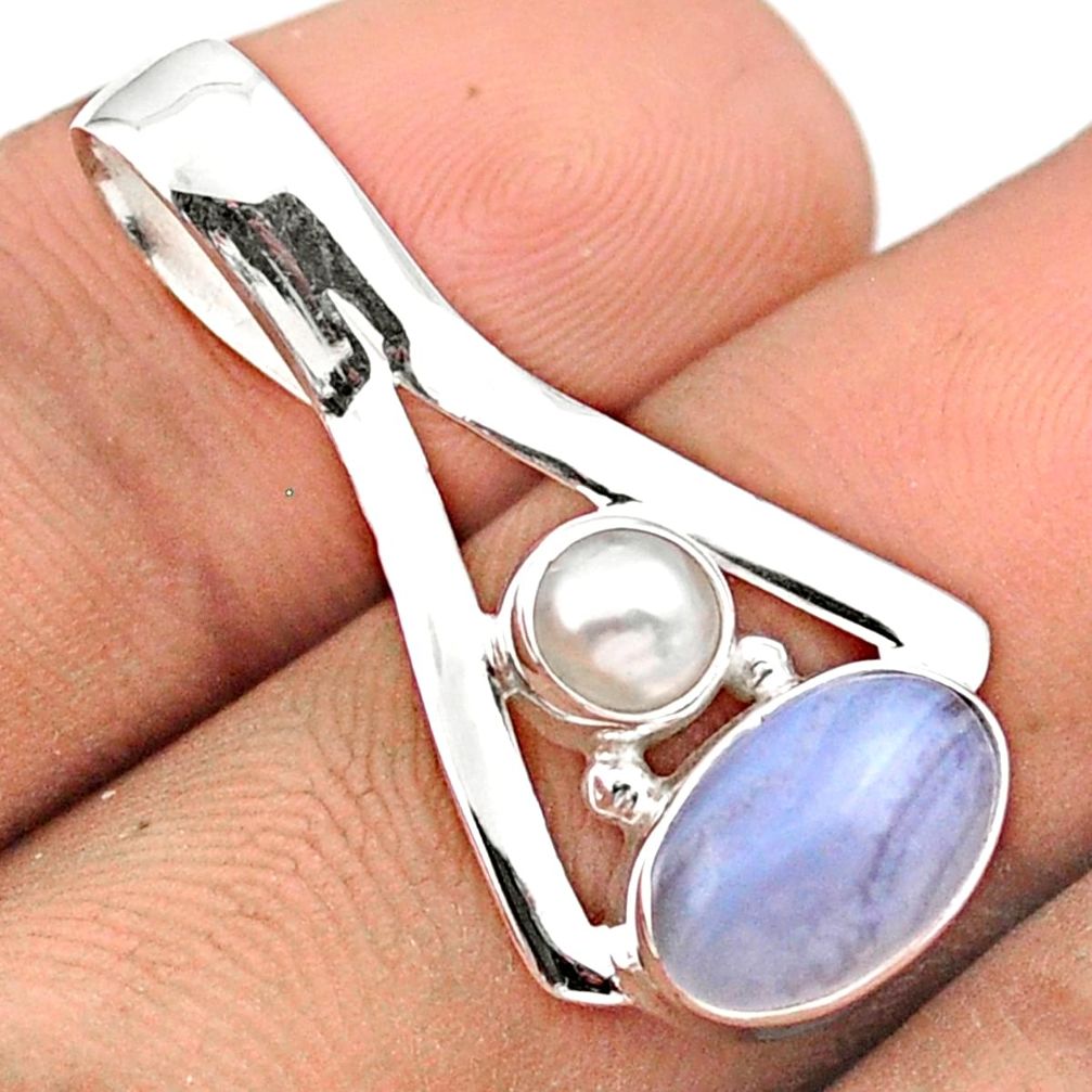 3.10cts natural blue lace agate pearl 925 sterling silver geometric pendant jewelry u13999