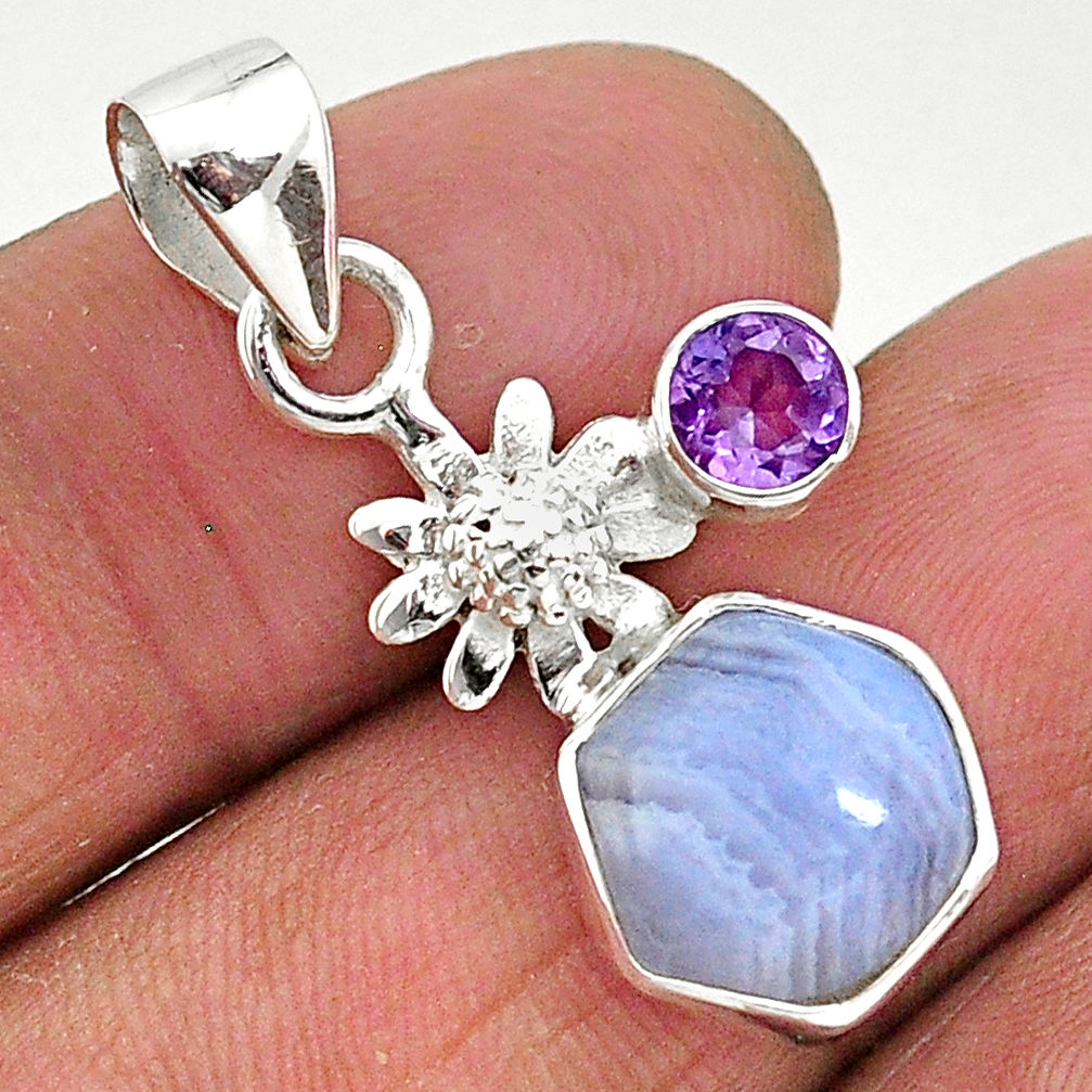 5.22cts natural blue lace agate purple amethyst 925 silver flower pendant r96896