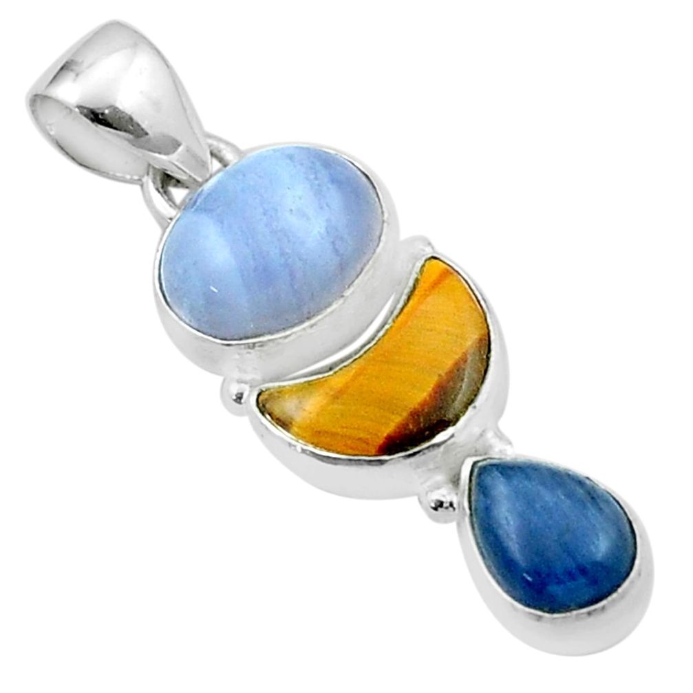 8.98cts natural blue lace agate tiger's eye kyanite 925 silver pendant u37499