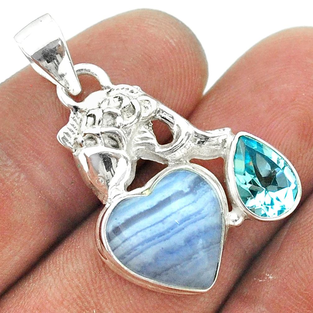 9.04cts natural blue lace agate topaz 925 sterling silver fish pendant t55434