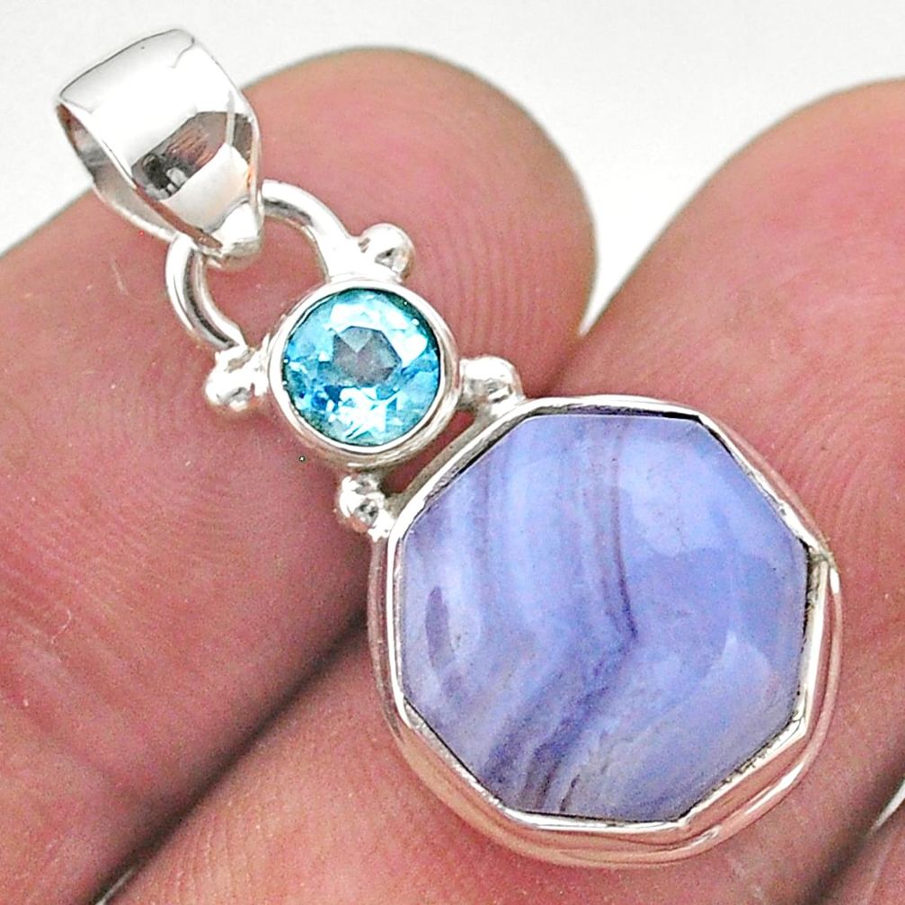 6.26cts natural blue lace agate topaz 925 sterling silver hexagon pendant t46490