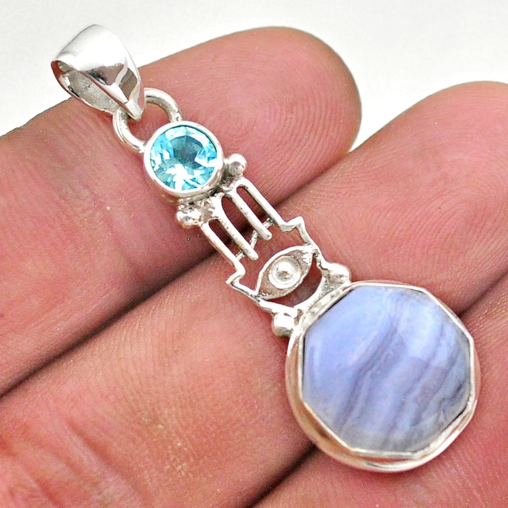 5.82cts natural blue lace agate topaz silver hand of god hamsa pendant t46402